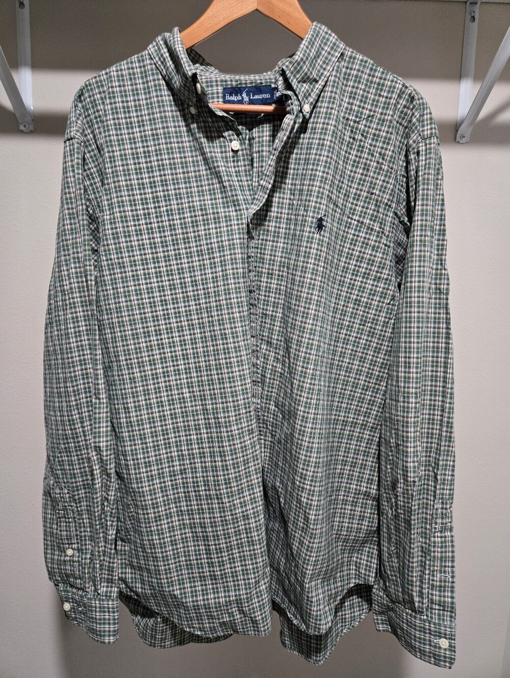 Ralph Lauren Green Plaid Button-Down Shirt with Navy Pony Size 2XL